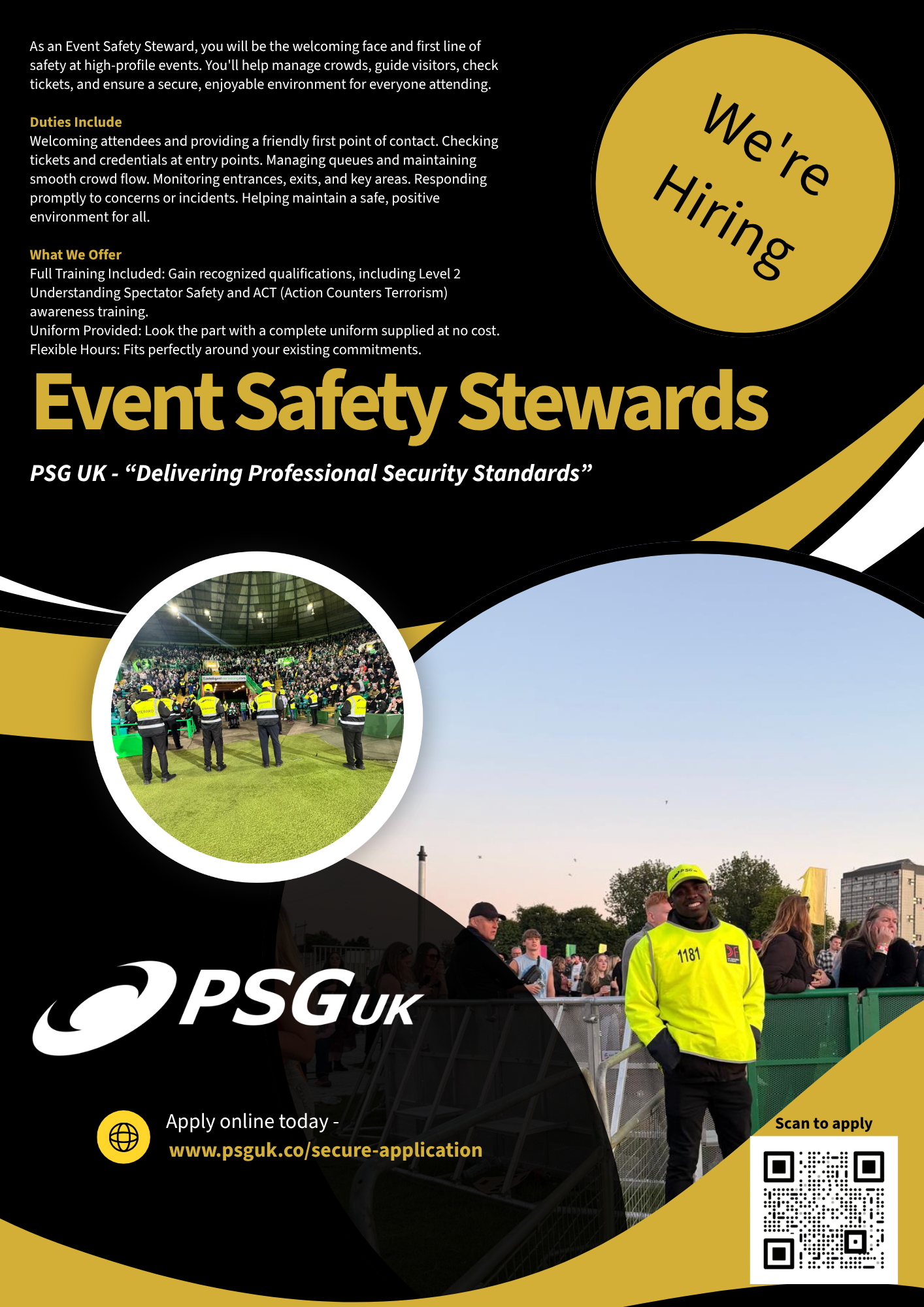 PSG UK Event Safety Stewards — We're Hiring recruitment flyer